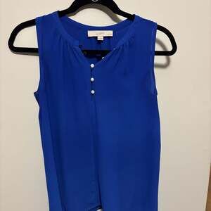 LOFT Petite Royal Blue Sleeveless Pintuck Button-Front Chiffon Blouse XSP